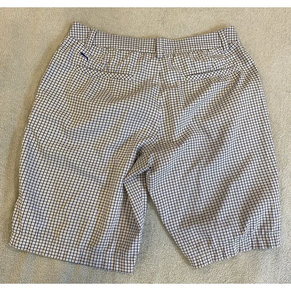 Mens Pima Golf Shorts 34 Plaid‎ Blue Performance Stretch Size Chino Flat Front